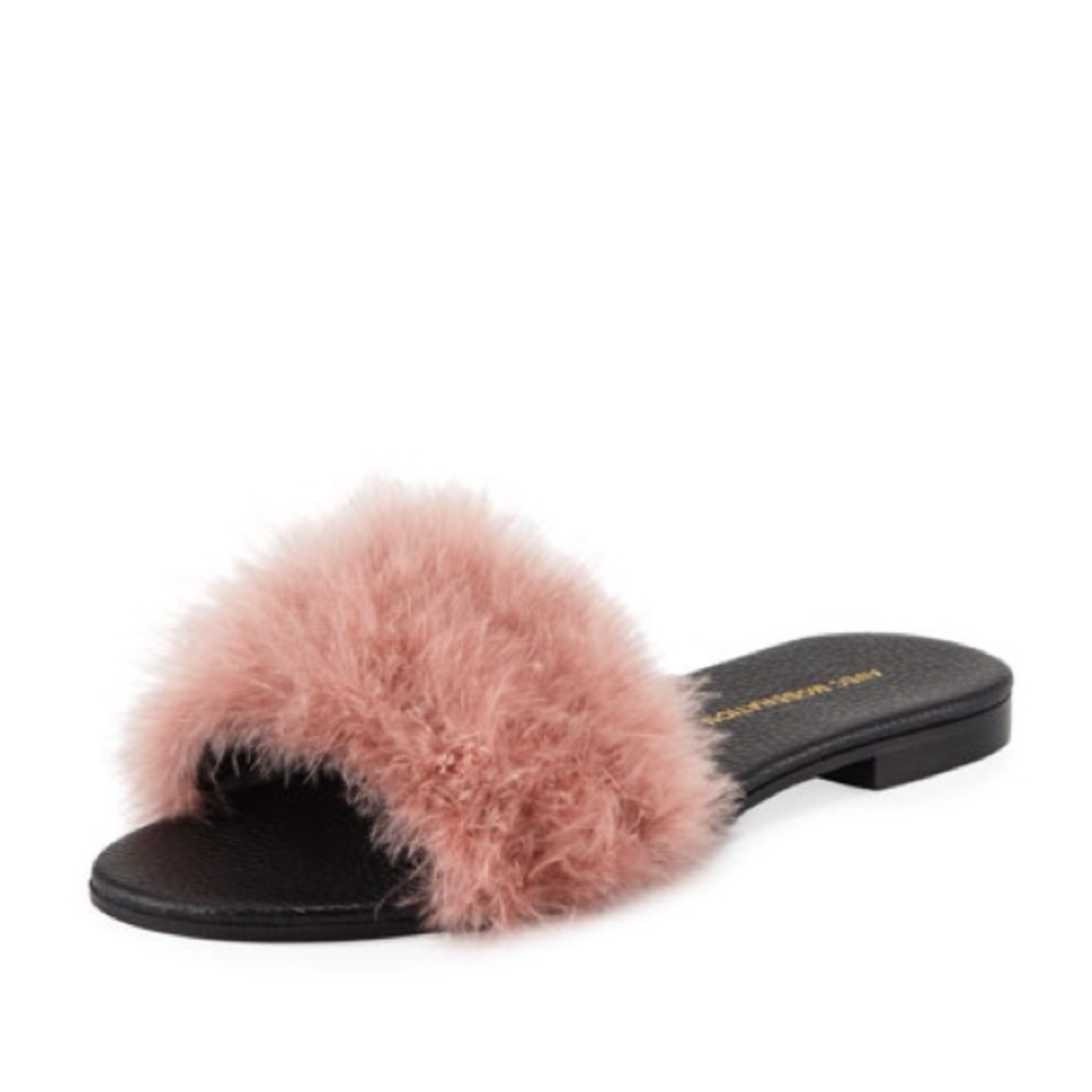 Avec Moderation Bora Bora Feather-Embellished Slide Sandal in Pink